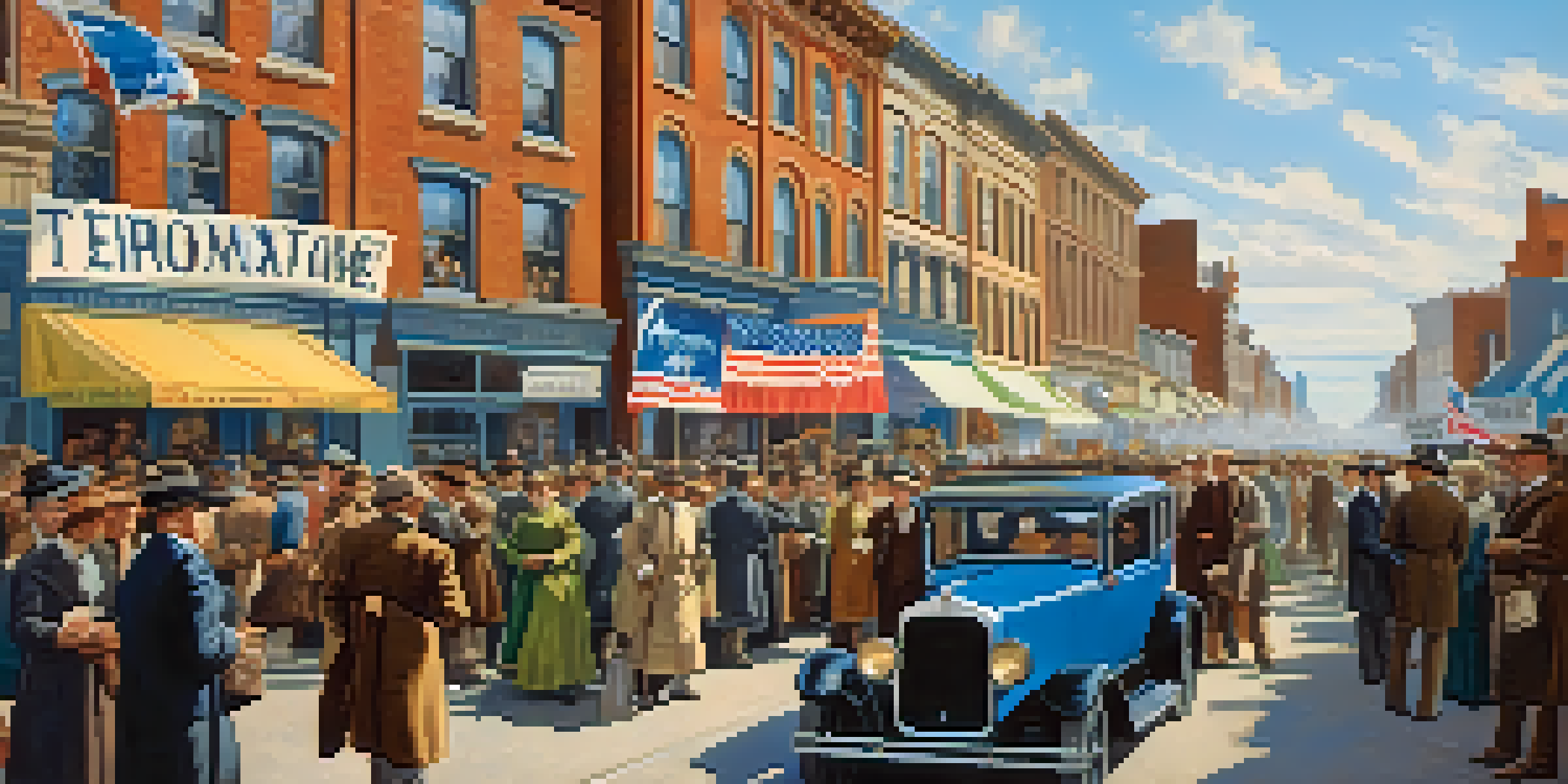 A lively street scene in the early 20th century with diverse individuals advocating for economic equality through banners and signs.
