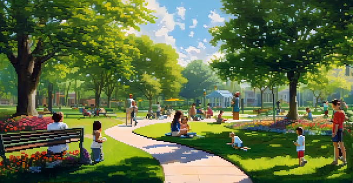 A vibrant community park filled with children playing, adults reading, and people walking dogs under a clear blue sky.