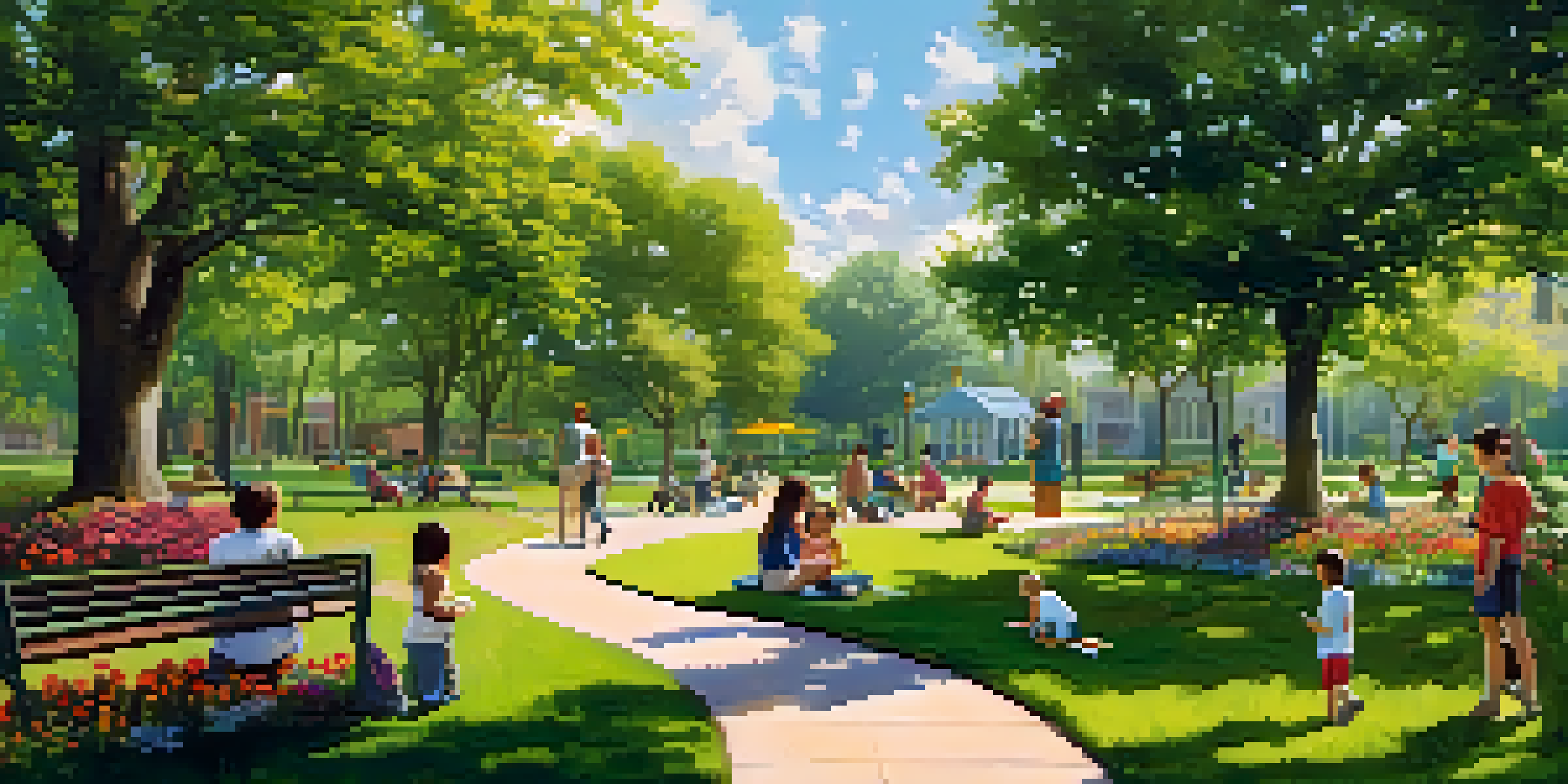 A vibrant community park filled with children playing, adults reading, and people walking dogs under a clear blue sky.