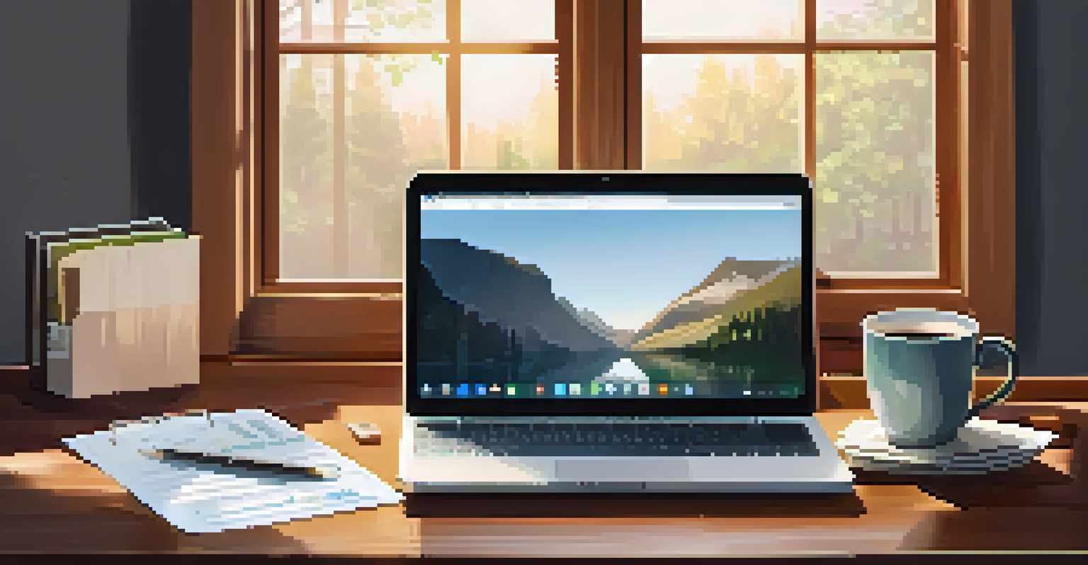 A cozy desk setup with a laptop and tax documents, illuminated by sunlight through a window.
