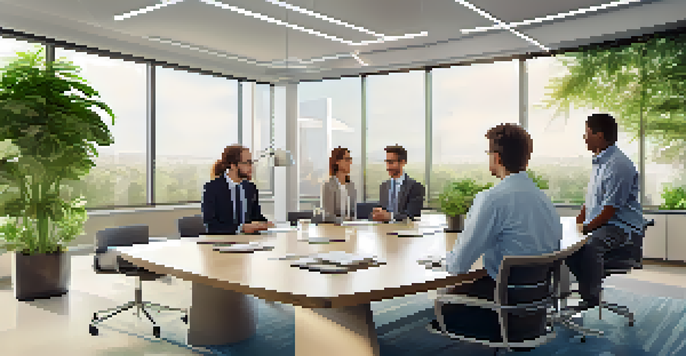 A diverse group of employees discussing health insurance options in a bright office environment.
