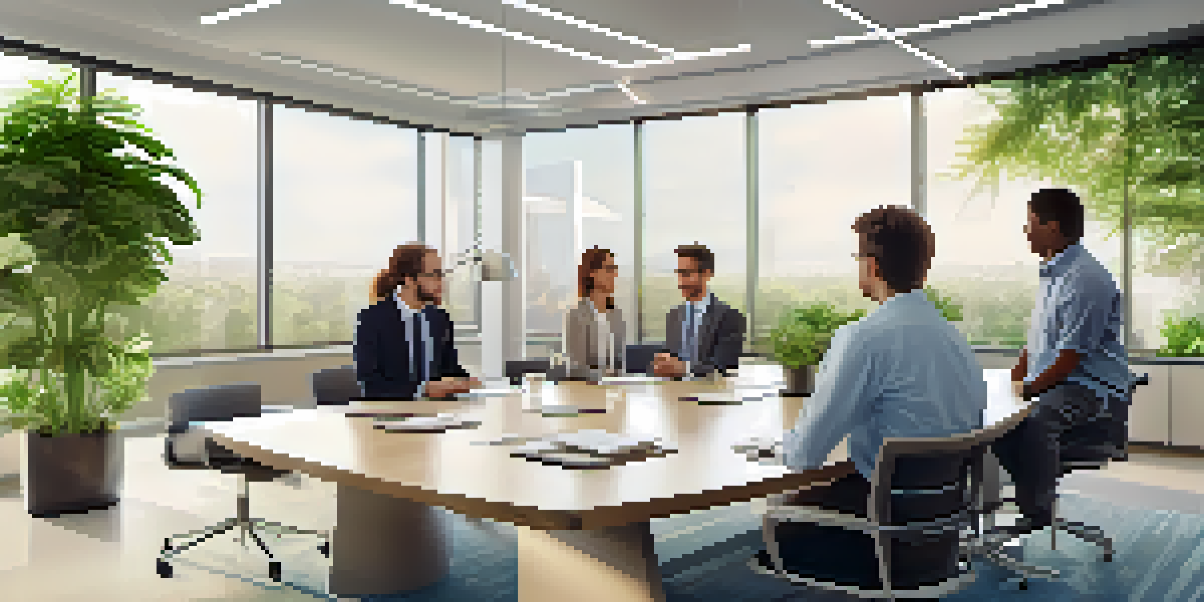 A diverse group of employees discussing health insurance options in a bright office environment.