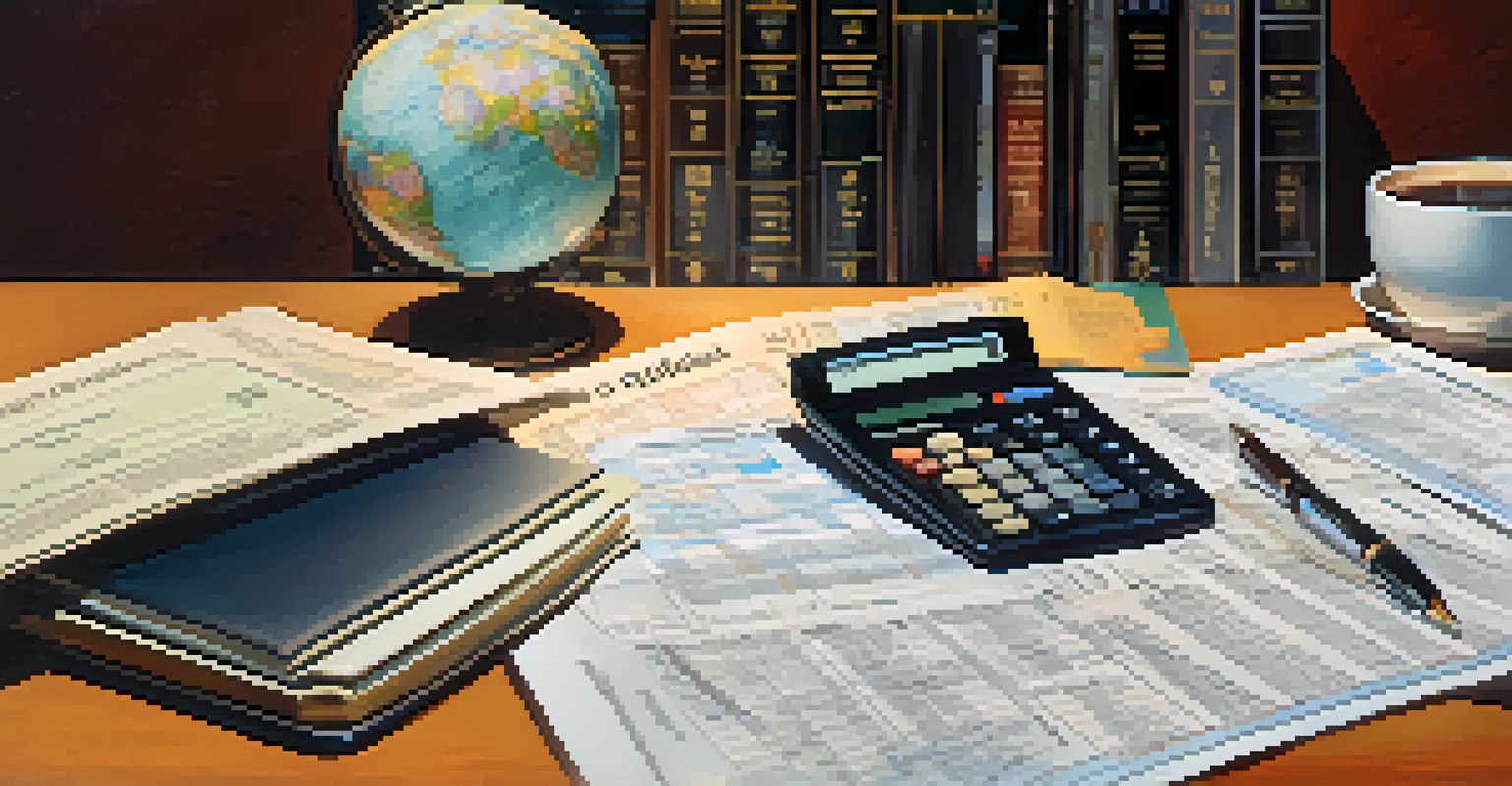 A tax professional's desk with documents, a calculator, and a globe, representing international tax issues.