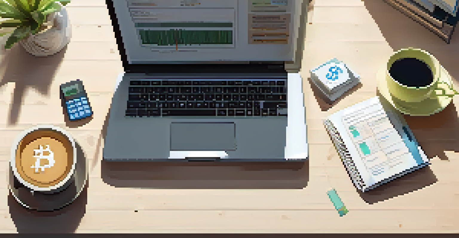 A well-organized workspace featuring a laptop with cryptocurrency tax software, notebooks, a calculator, and a coffee cup, illuminated by natural light.