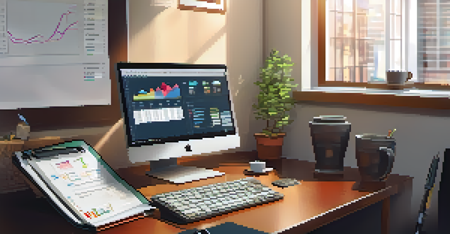 A workspace with a computer displaying accounting software, alongside a notebook and a cup of tea, creating a productive atmosphere.