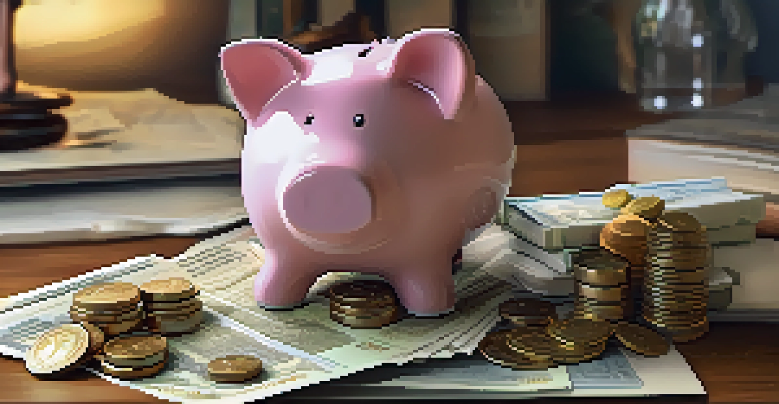 A close-up of a hand holding a piggy bank with coins and financial documents.