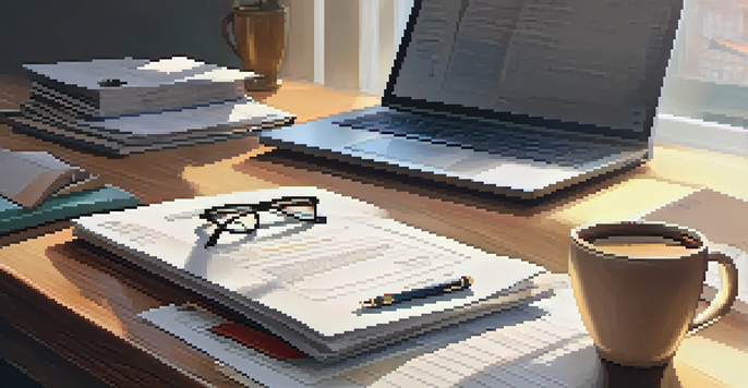 A neatly arranged desk with tax documents, a calculator, and a laptop, illuminated by soft natural light.