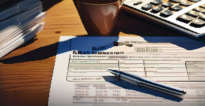 A wooden desk with a W-4 tax form, a calculator, a pen, and a cup of coffee, illuminated by sunlight.