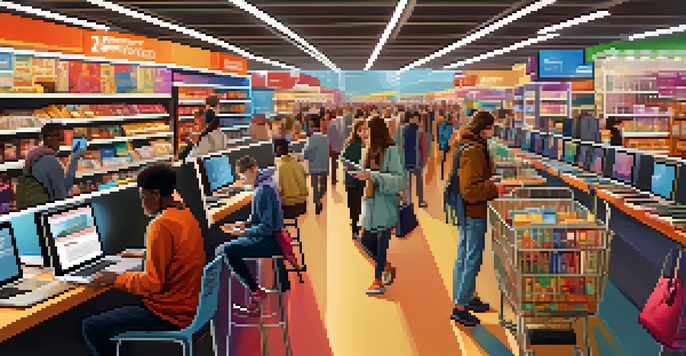 A vibrant digital marketplace with people using devices to shop online amidst colorful advertisements.