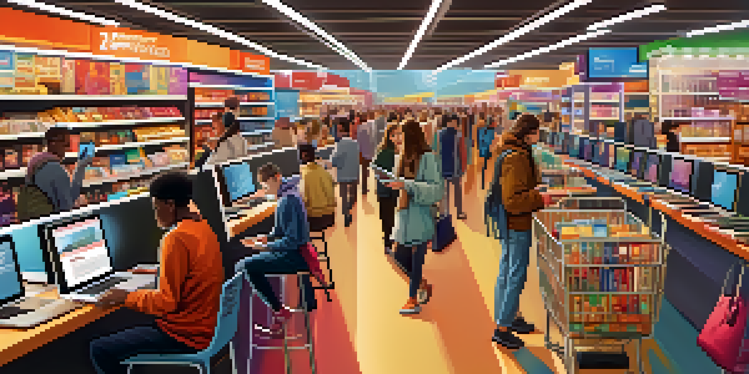 A vibrant digital marketplace with people using devices to shop online amidst colorful advertisements.