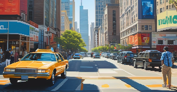 A rideshare driver checking their smartphone while parked on a busy urban street, surrounded by tall buildings and pedestrians.