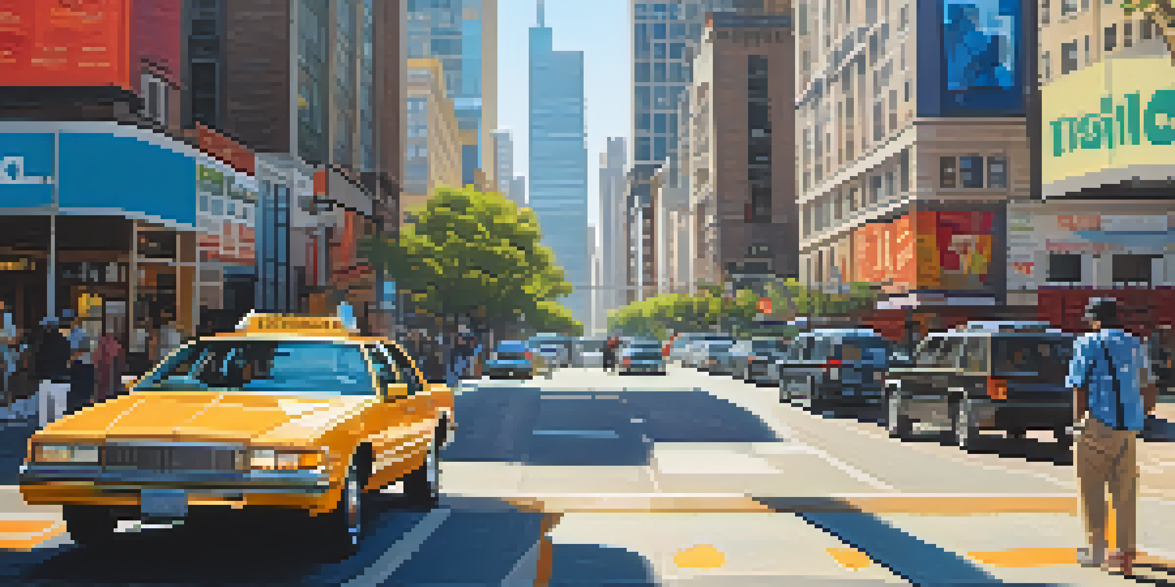 A rideshare driver checking their smartphone while parked on a busy urban street, surrounded by tall buildings and pedestrians.