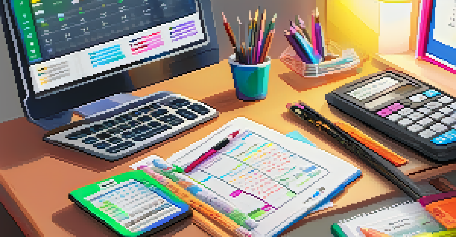 A workspace with financial documents, a calendar, and a calculator, showing someone taking notes.