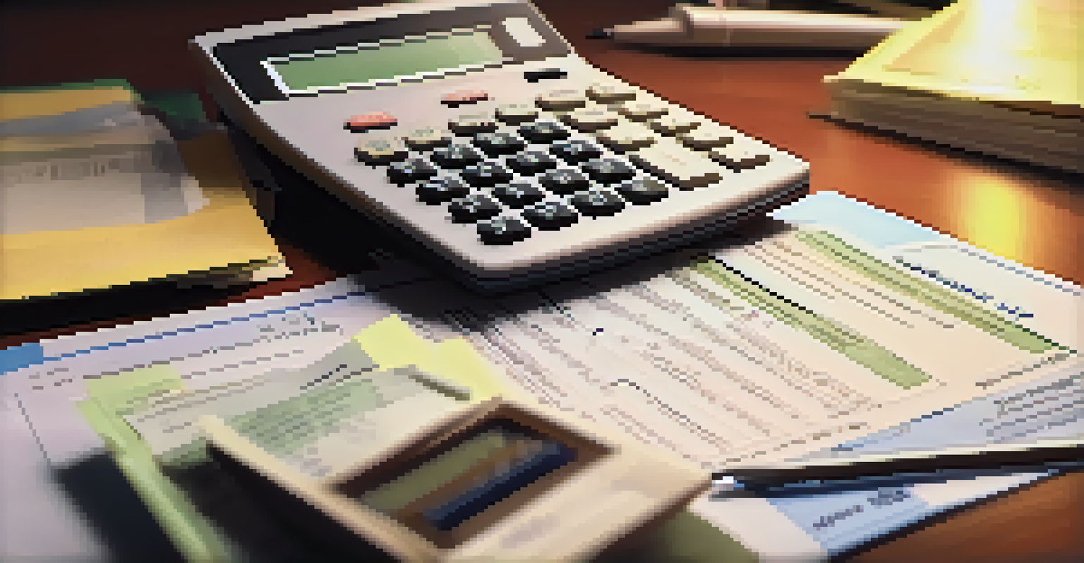 A close-up of a calculator and tax documents on a desk, with numbers displayed on the calculator.