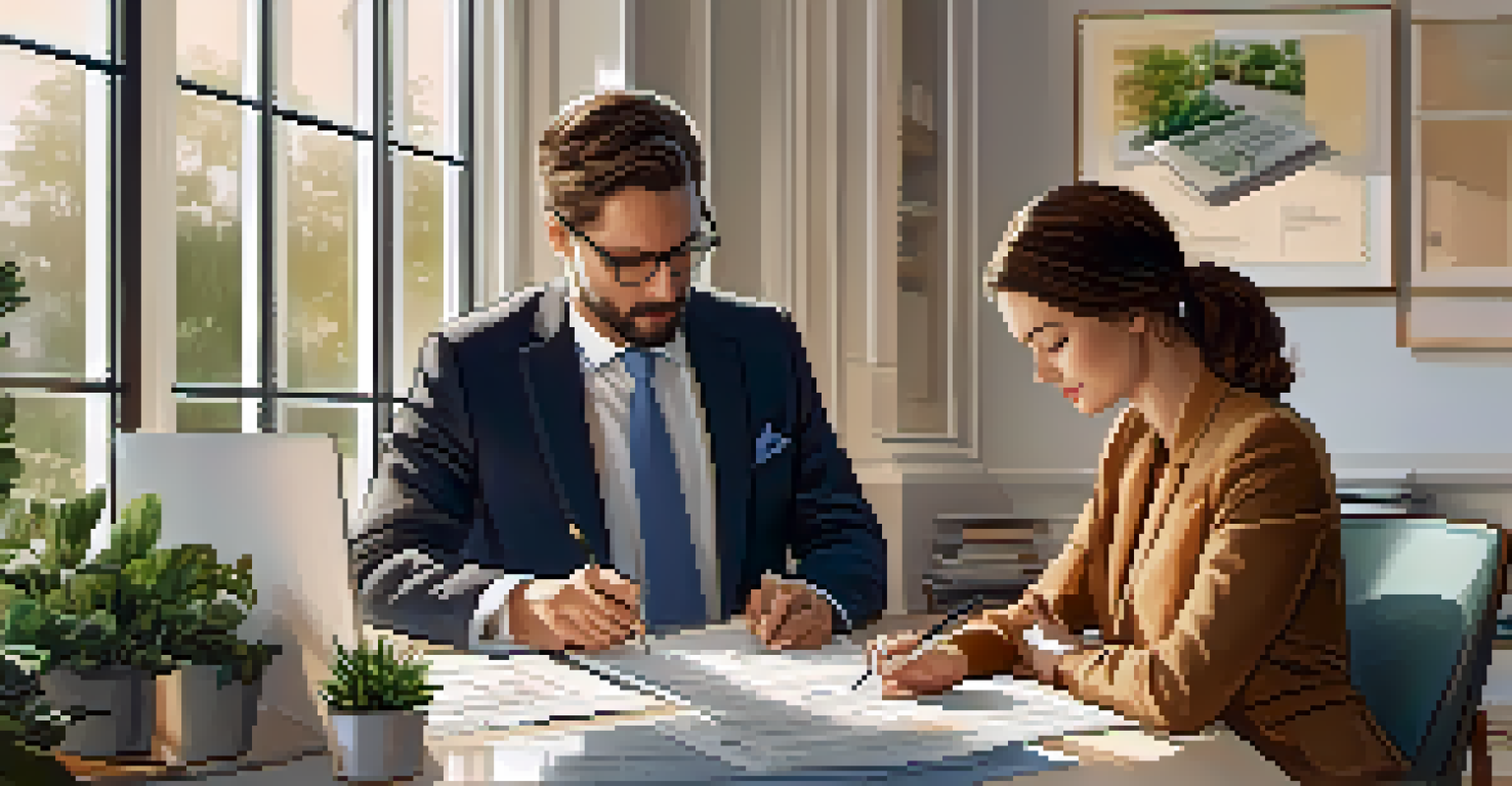 A tax professional consulting a couple in a home office, reviewing tax documents with natural light coming through the windows.