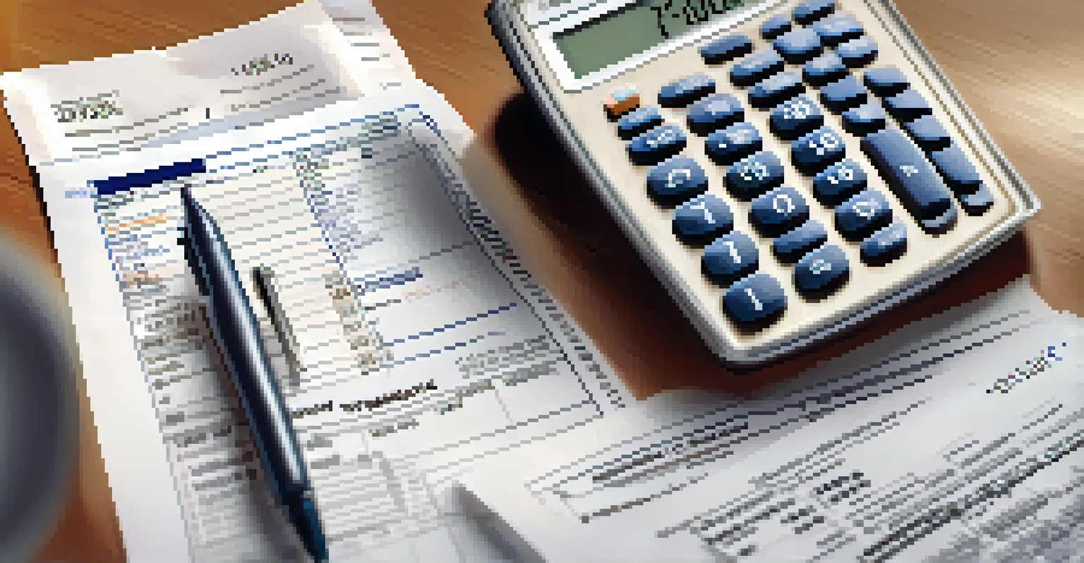 A hand with a pen over a tax form, surrounded by receipts and a calculator, emphasizing the tax preparation process.