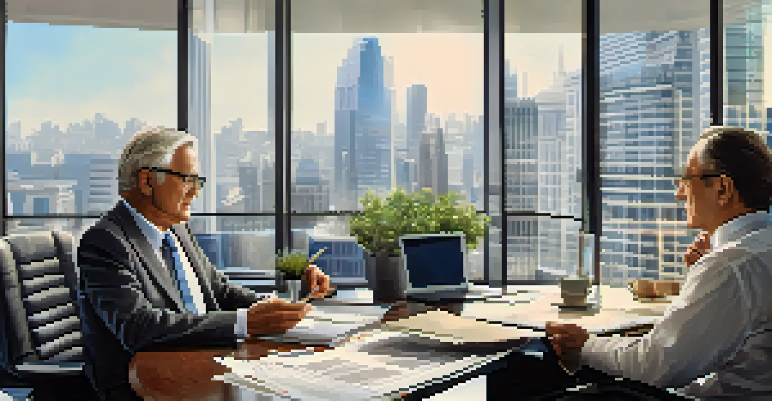 An elderly man and a financial advisor discussing retirement plans in a modern office with charts on a laptop.