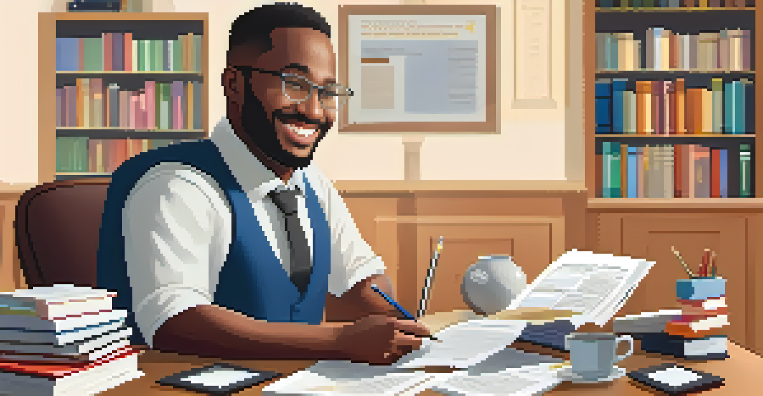 A welcoming tax professional at a desk, smiling and holding a tax guide, with books and a laptop around them.