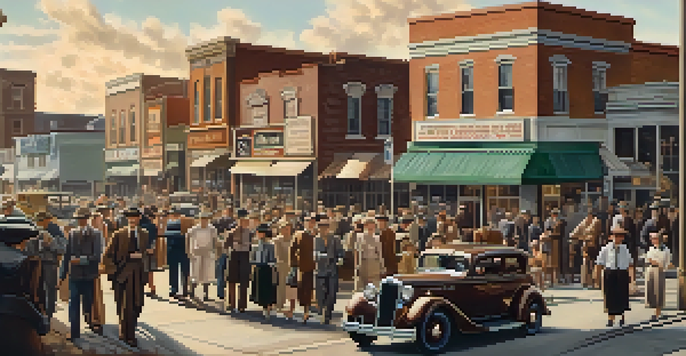 A historical street scene from the 1930s showing diverse people outside a community center with New Deal posters, vintage storefronts, and classic cars in warm sepia tones.