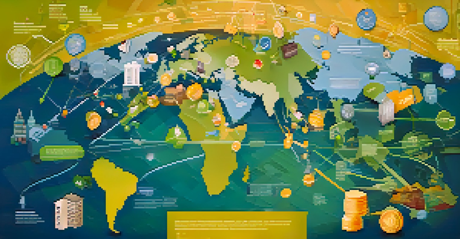 An infographic showing the global impact of FATCA, featuring a world map, banks, and tax documents.