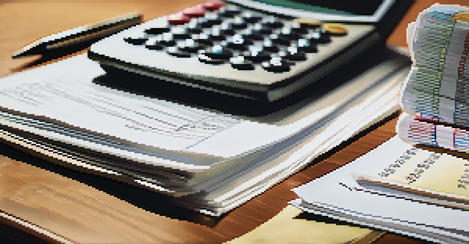 A close-up of a calculator and financial documents on a desk, with a hand holding a pen.