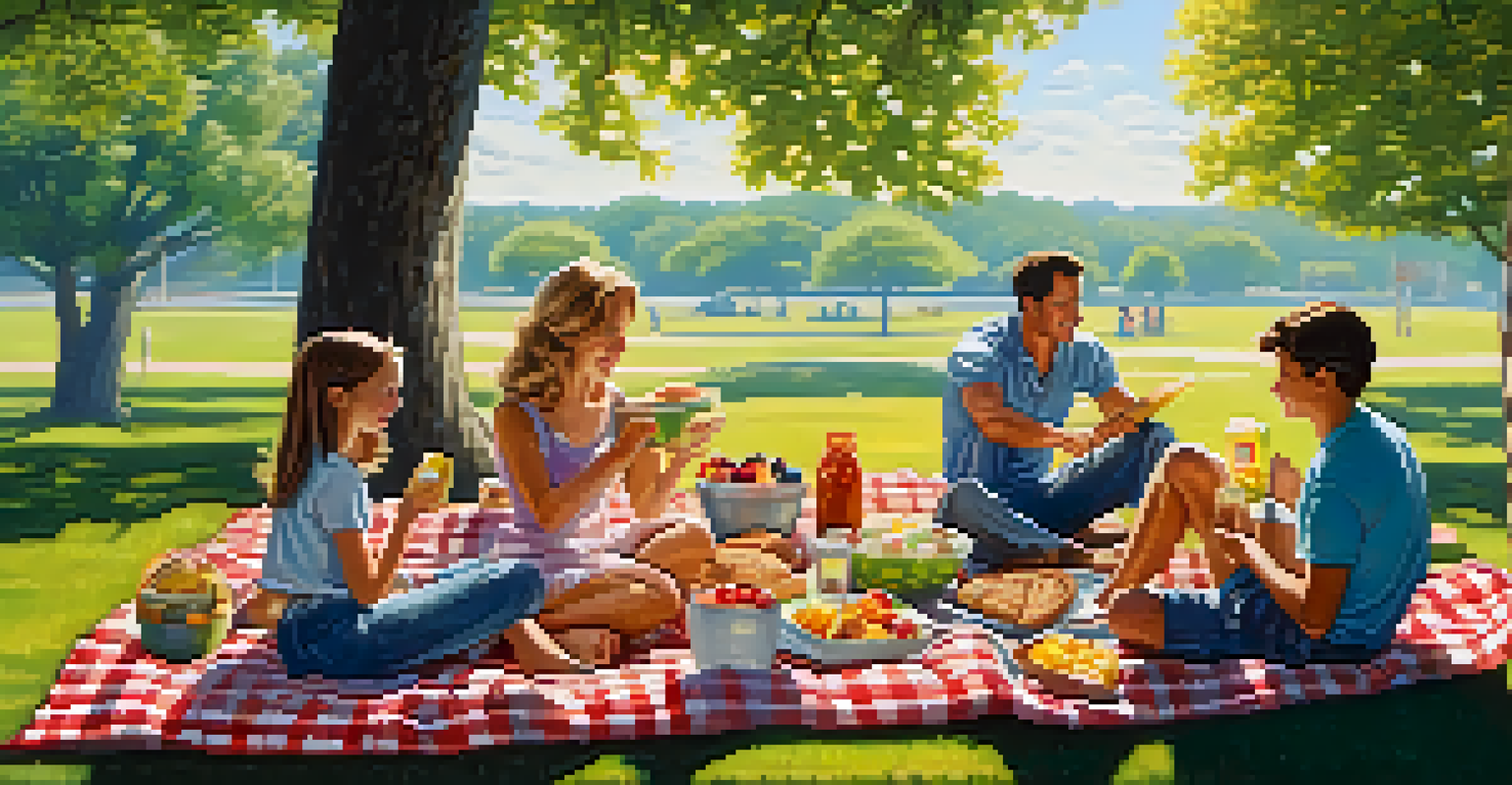 A family having a picnic on a checkered blanket in a sunny park with food laid out on the grass.