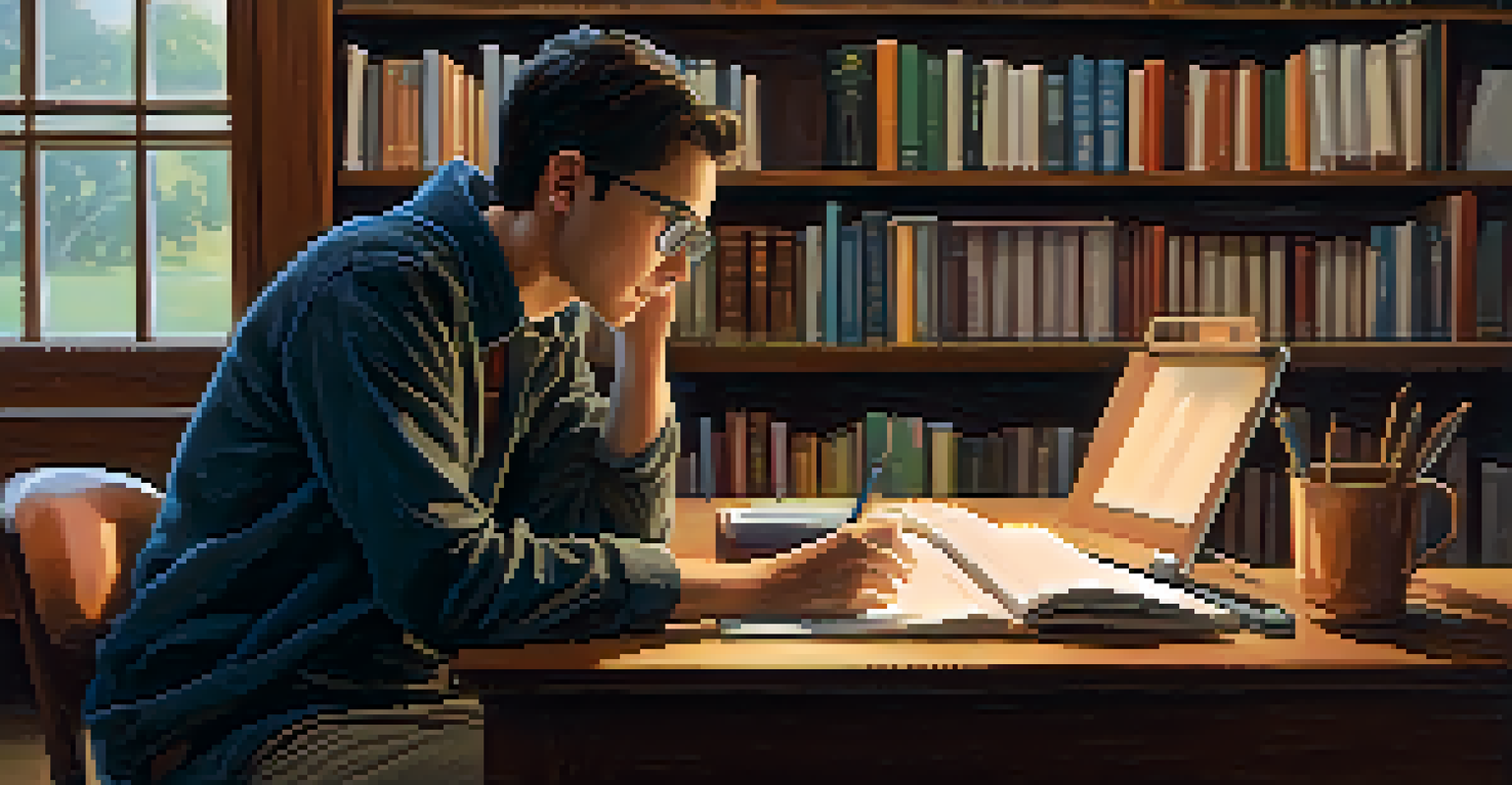 An adult student studying at a library table surrounded by books and a laptop, in a warm and cozy library setting.