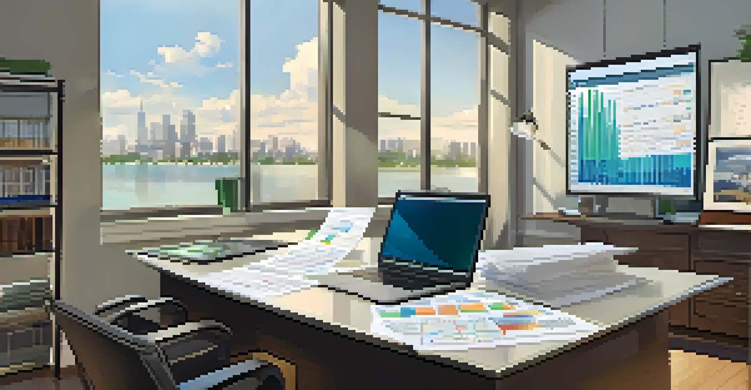 A modern financial advisor's office with a glass table, financial documents, and a laptop showing graphs.