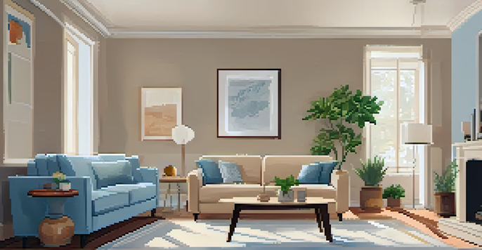 A cozy living room with a sofa, financial documents on a coffee table, and soft lighting from a window.