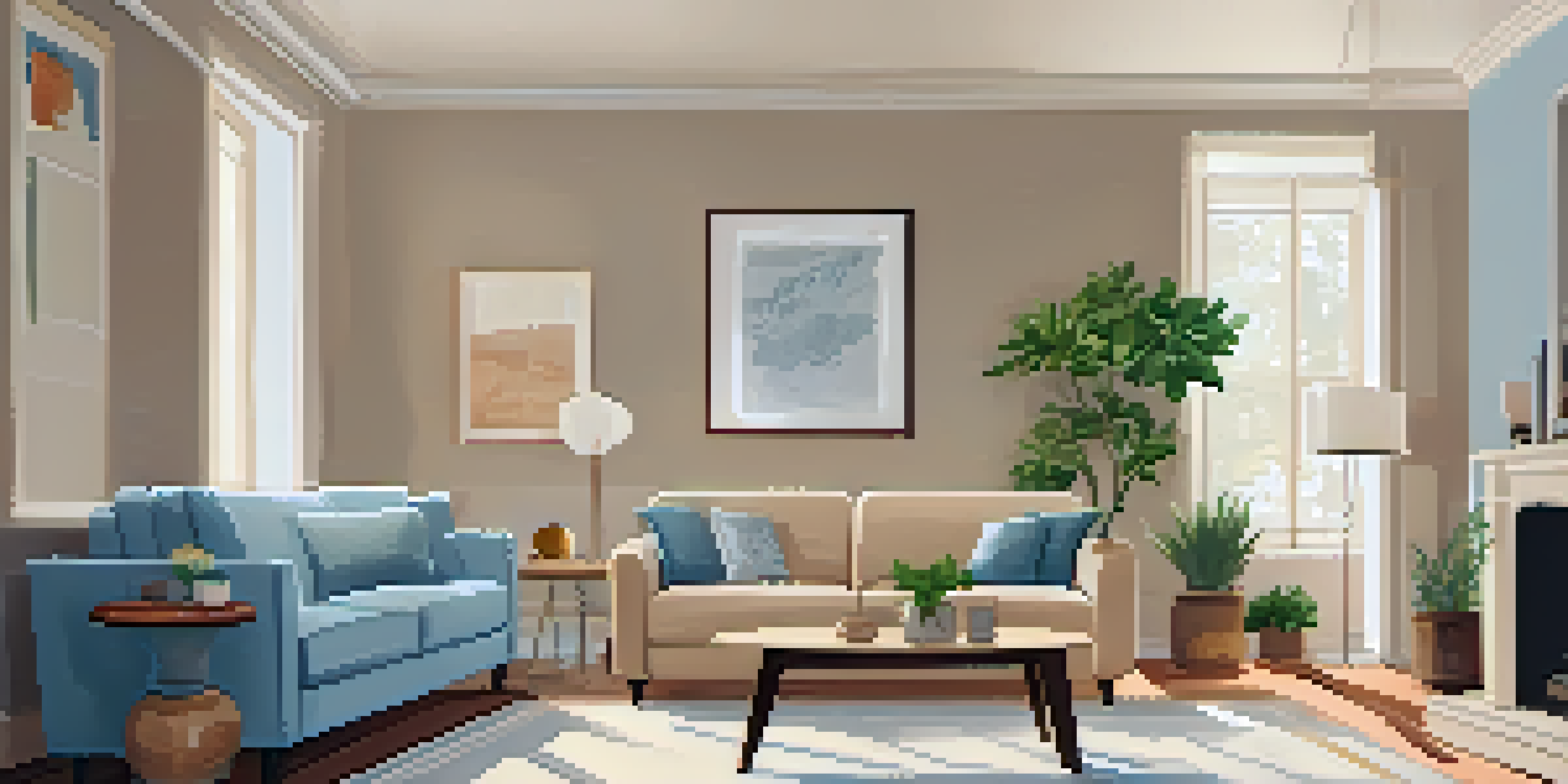 A cozy living room with a sofa, financial documents on a coffee table, and soft lighting from a window.