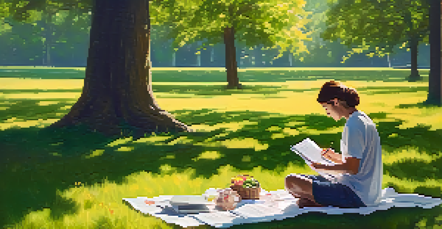 A person reviewing tax documents on a picnic blanket in a vibrant outdoor setting, surrounded by blooming flowers and green grass.