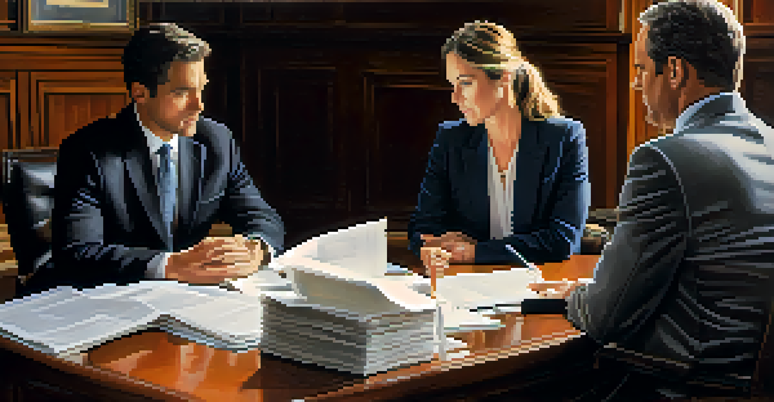 A couple sitting with a family law attorney, discussing documents in a warmly lit office, capturing the tension of the consultation.