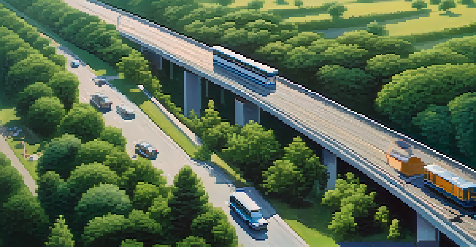 An aerial view of a busy highway with greenery and a train in the distance.