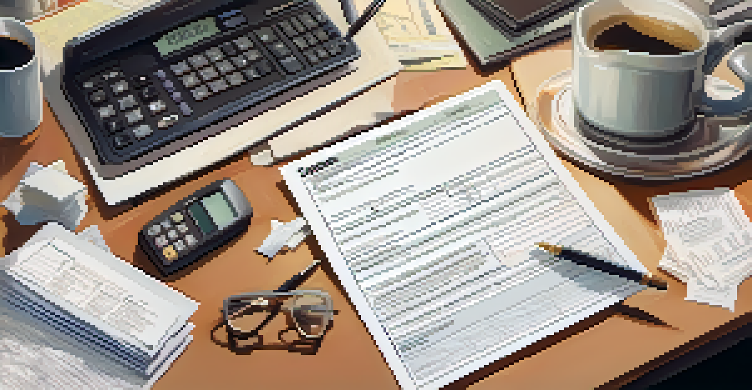 A person at a desk, filling out a W-4 form with tax documents, a calculator, and a laptop in a cozy workspace.