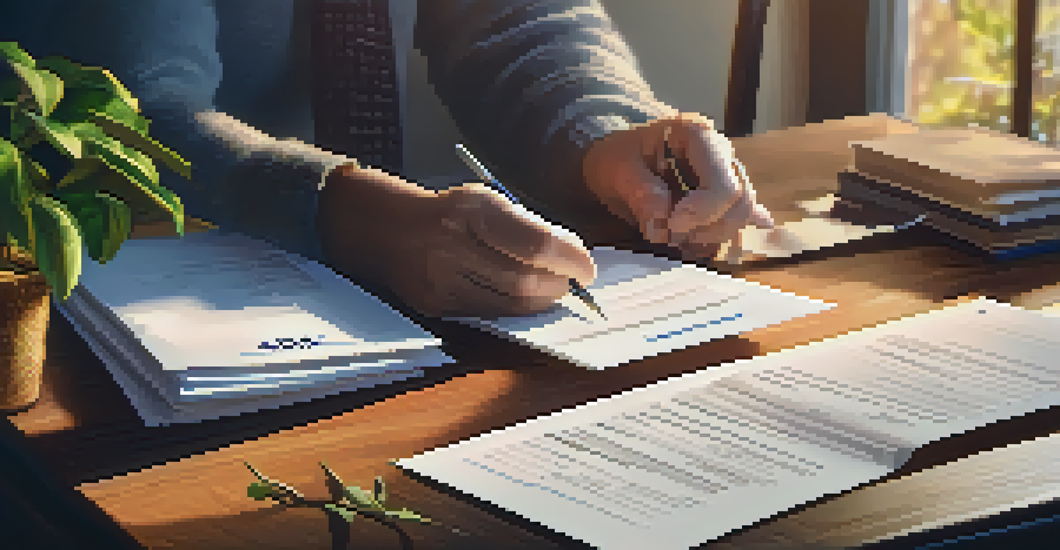 A close-up of hands holding retirement savings documents on a wooden table in a cozy home office setting.