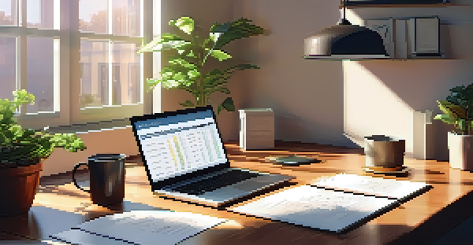 A cozy home office featuring a wooden desk with a laptop, a cup of coffee, and a potted plant, illuminated by sunlight.