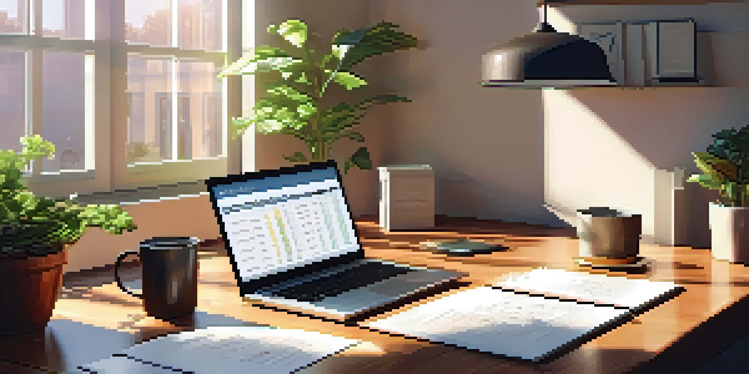 A cozy home office featuring a wooden desk with a laptop, a cup of coffee, and a potted plant, illuminated by sunlight.