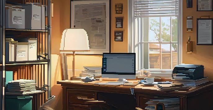 A cozy home office with a desk filled with tax documents and a laptop, illuminated by warm sunlight.