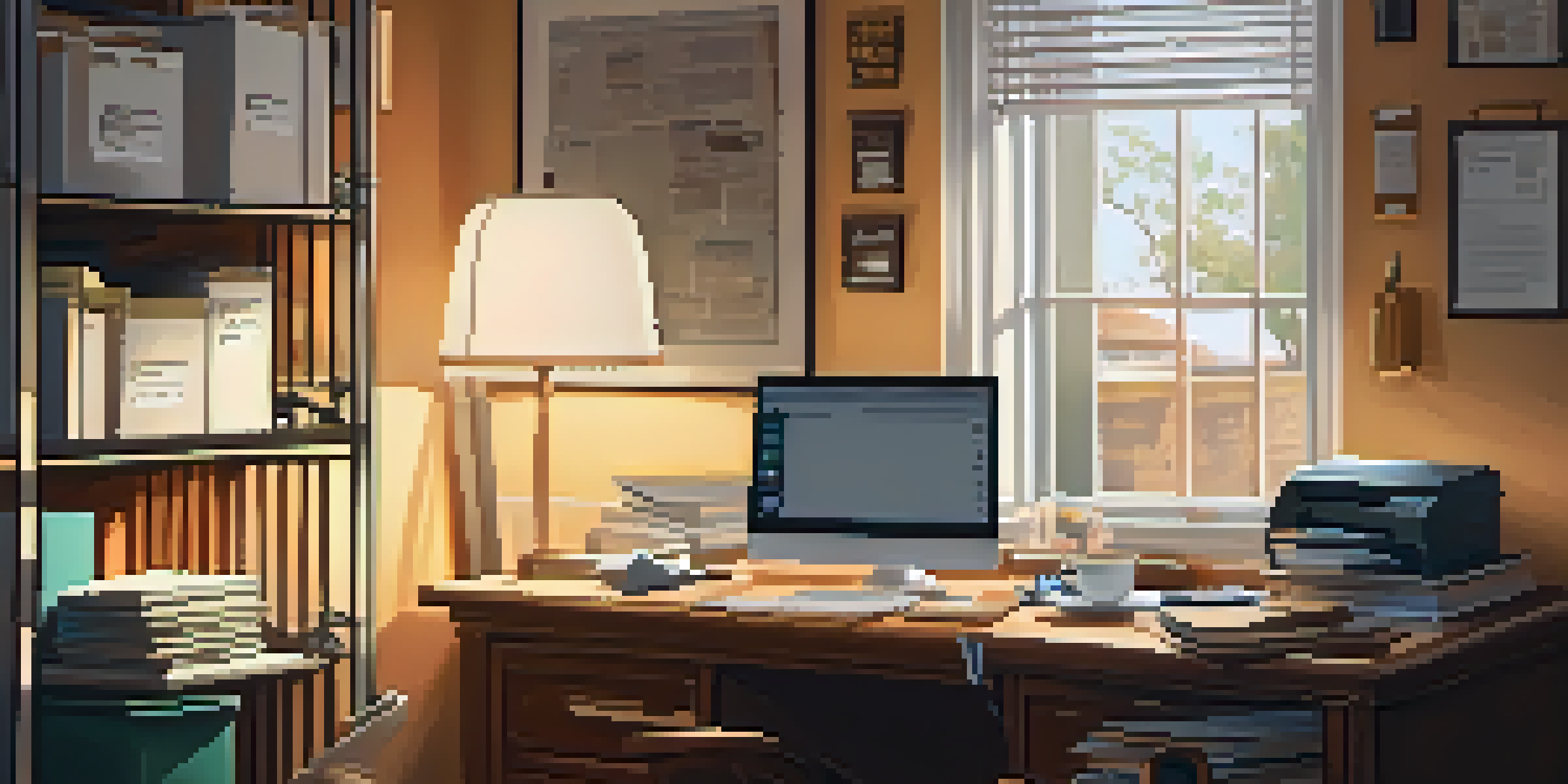 A cozy home office with a desk filled with tax documents and a laptop, illuminated by warm sunlight.
