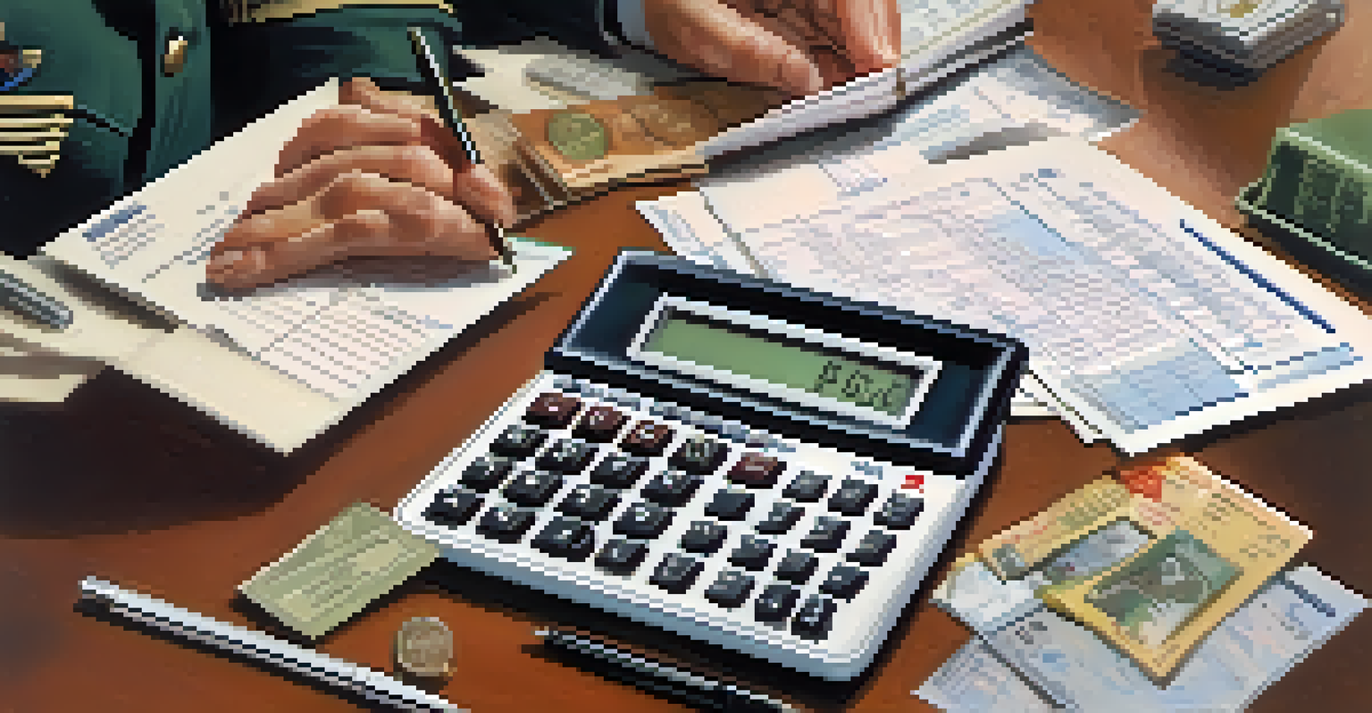 Close-up of hands using a calculator and tax form with a military ID card and pen on a table, showcasing financial planning.