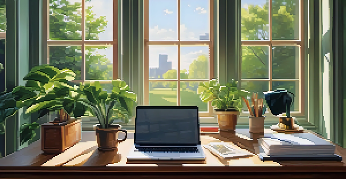 An office workspace with a wooden desk, laptop, and a view of a park outside the window.