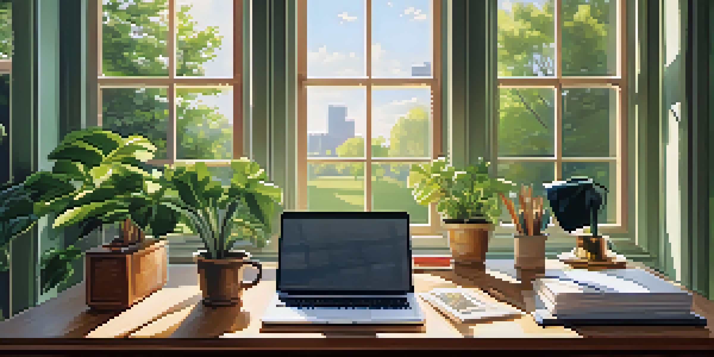 An office workspace with a wooden desk, laptop, and a view of a park outside the window.