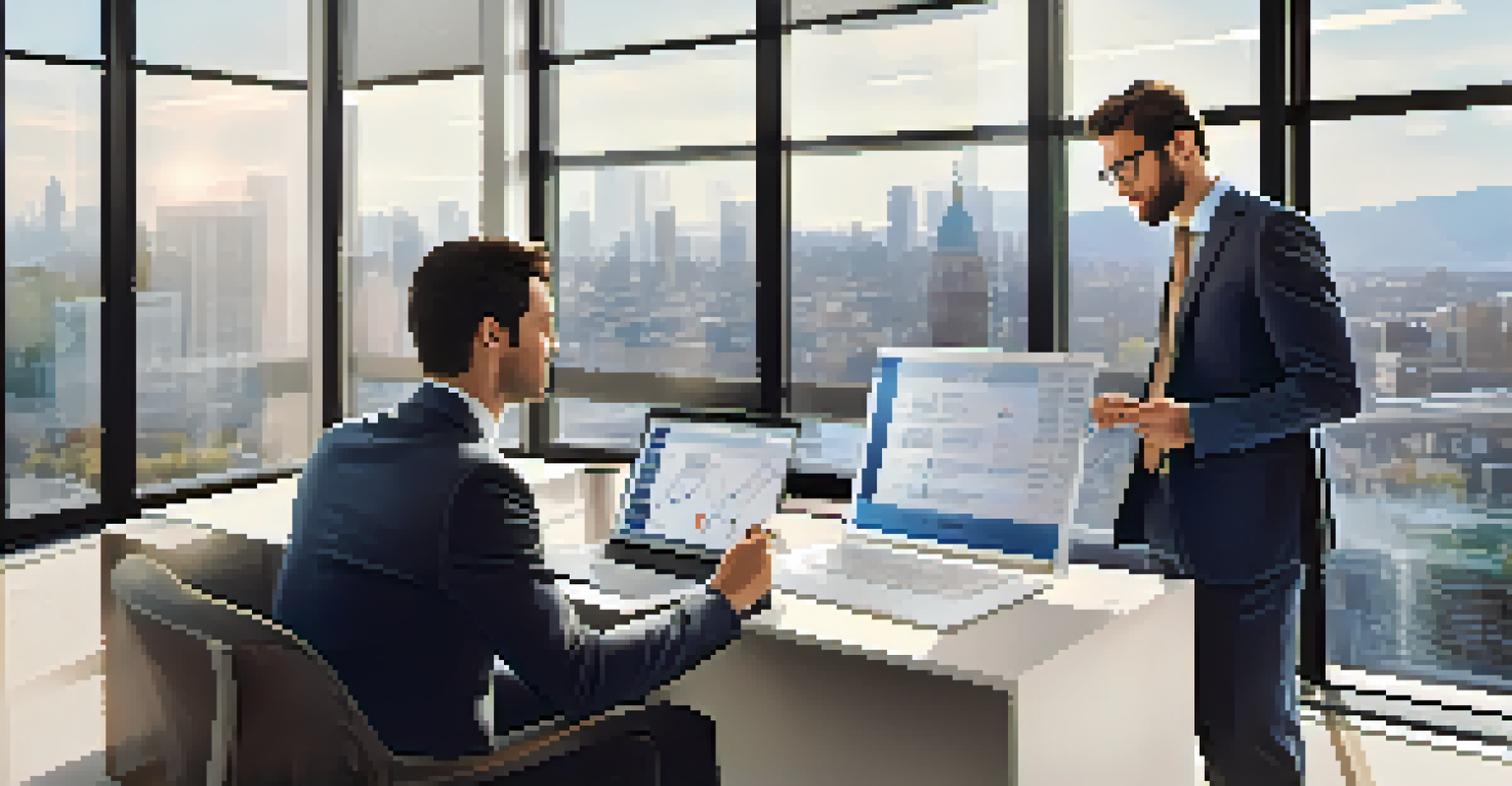 A tax consultant discussing tax analytics with a client in a modern office setting with large windows.