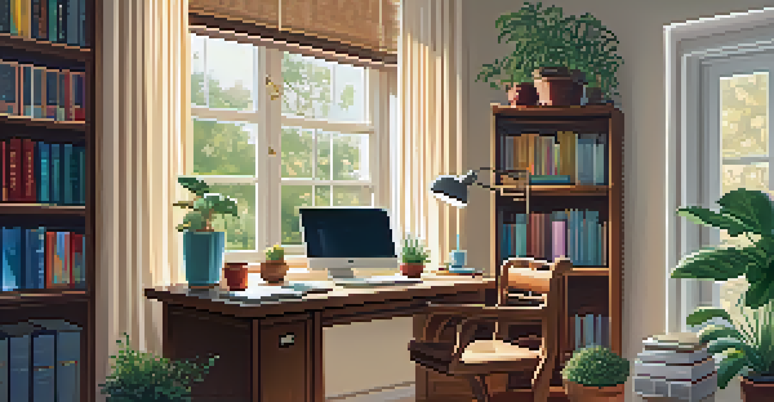 A cozy home office with a desk, laptop, plants, and bookshelves, bathed in natural light.