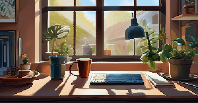 A warm and inviting home office with a wooden desk, laptop, coffee cup, and sunlight streaming through the window.