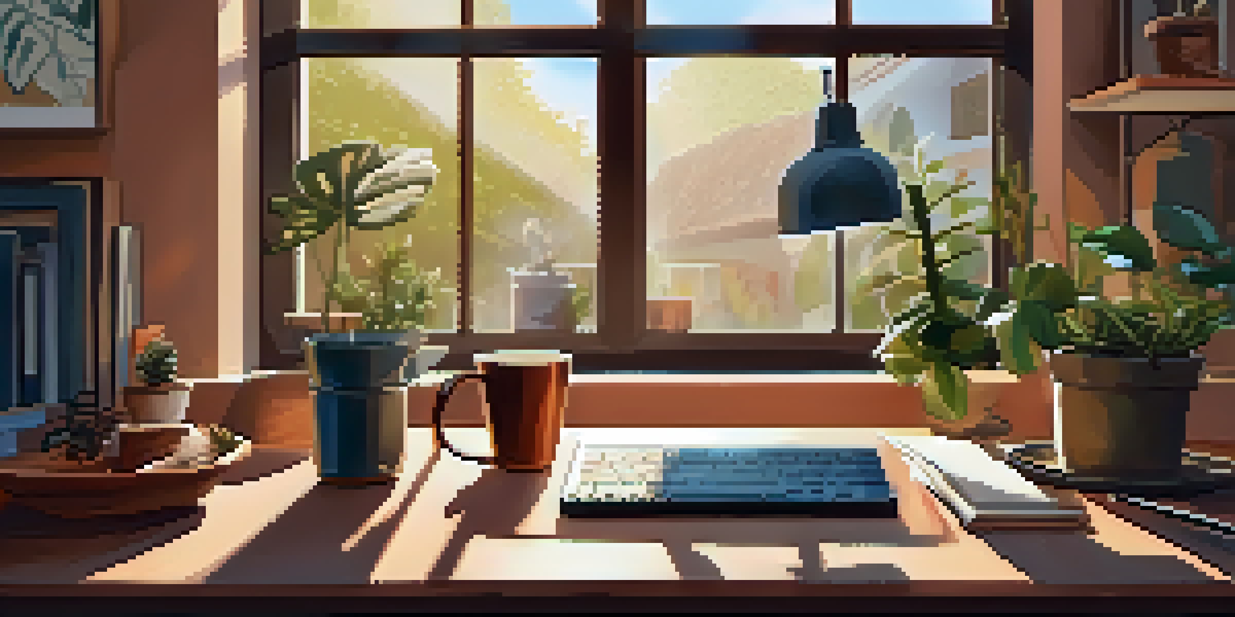 A warm and inviting home office with a wooden desk, laptop, coffee cup, and sunlight streaming through the window.