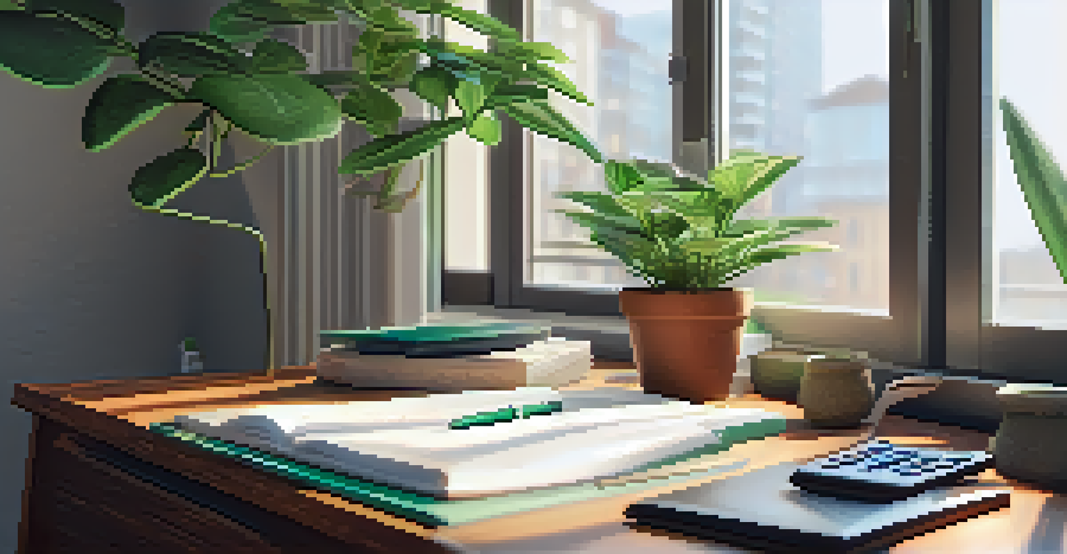 A serene workspace with a notebook, calculator, and plant, bathed in natural light from a window.