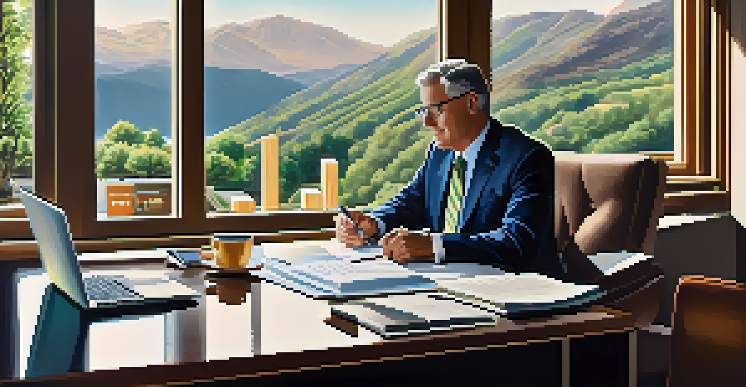 A financial advisor consulting a client about retirement plans at a desk with charts and a laptop.