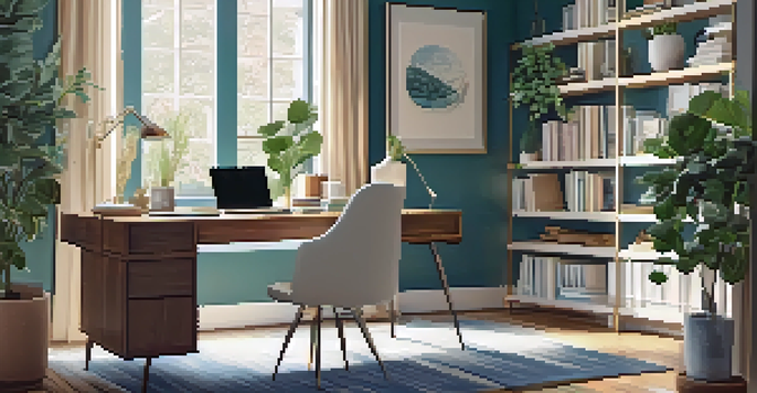 A bright and inviting home office with a modern desk, chair, and laptop, surrounded by plants and books.