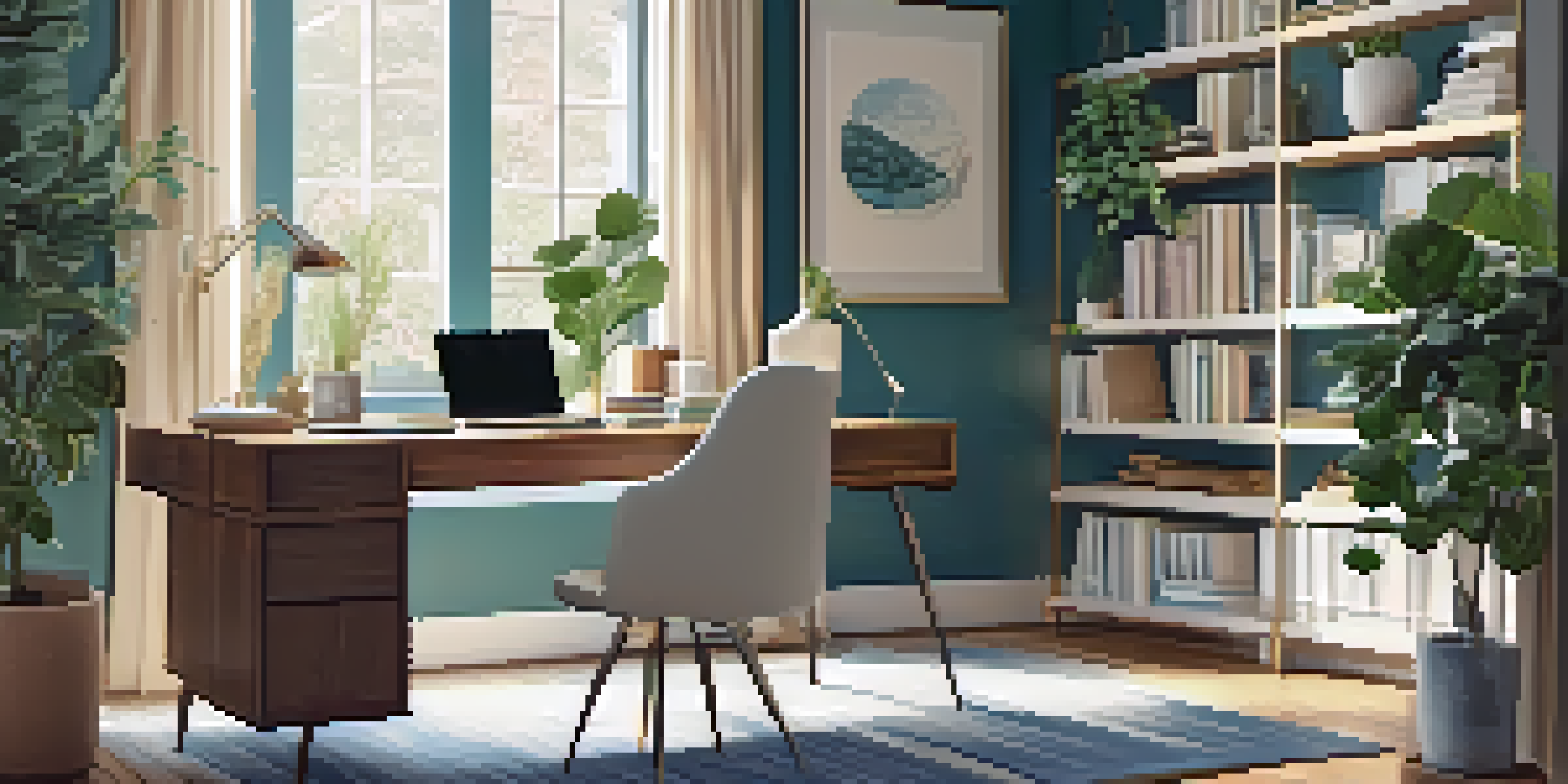 A bright and inviting home office with a modern desk, chair, and laptop, surrounded by plants and books.